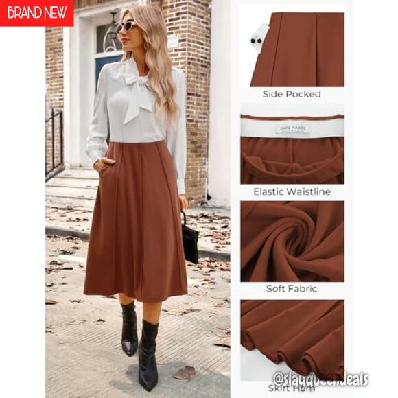 High Waisted Pleated Midi Skirt with Pockets, Flowy A-Line Design - Picture 5 of 8